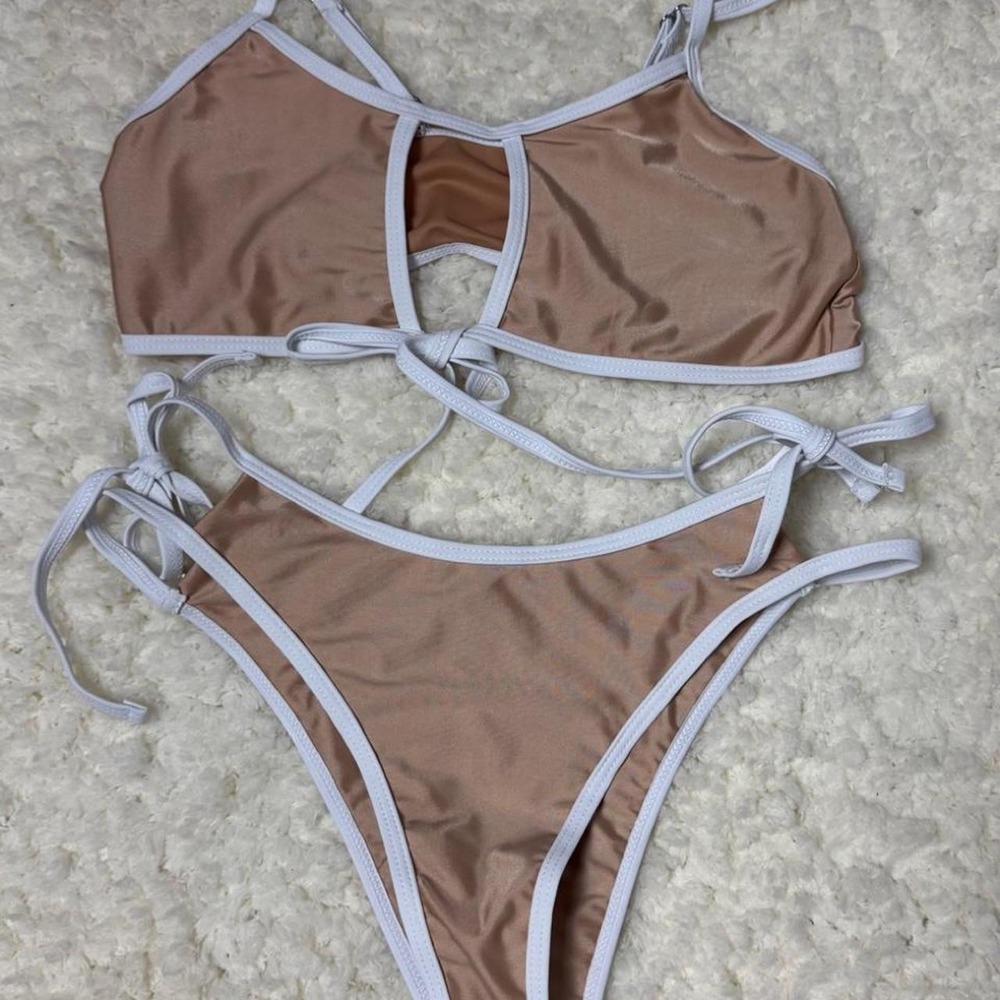 Tan and White Contrast Trim Bikini Set Cut Out Tie Front Swimwear Medium